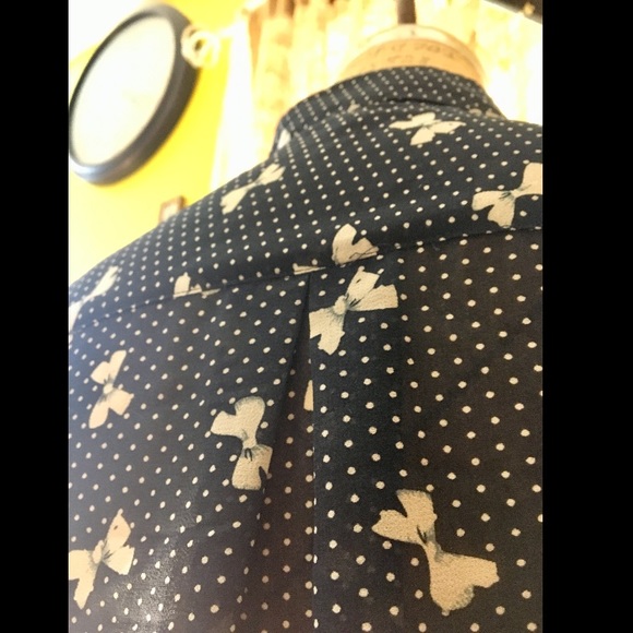 Sheer Navy Button Up Blouse with Bows + Polka Dots - Picture 3 of 8